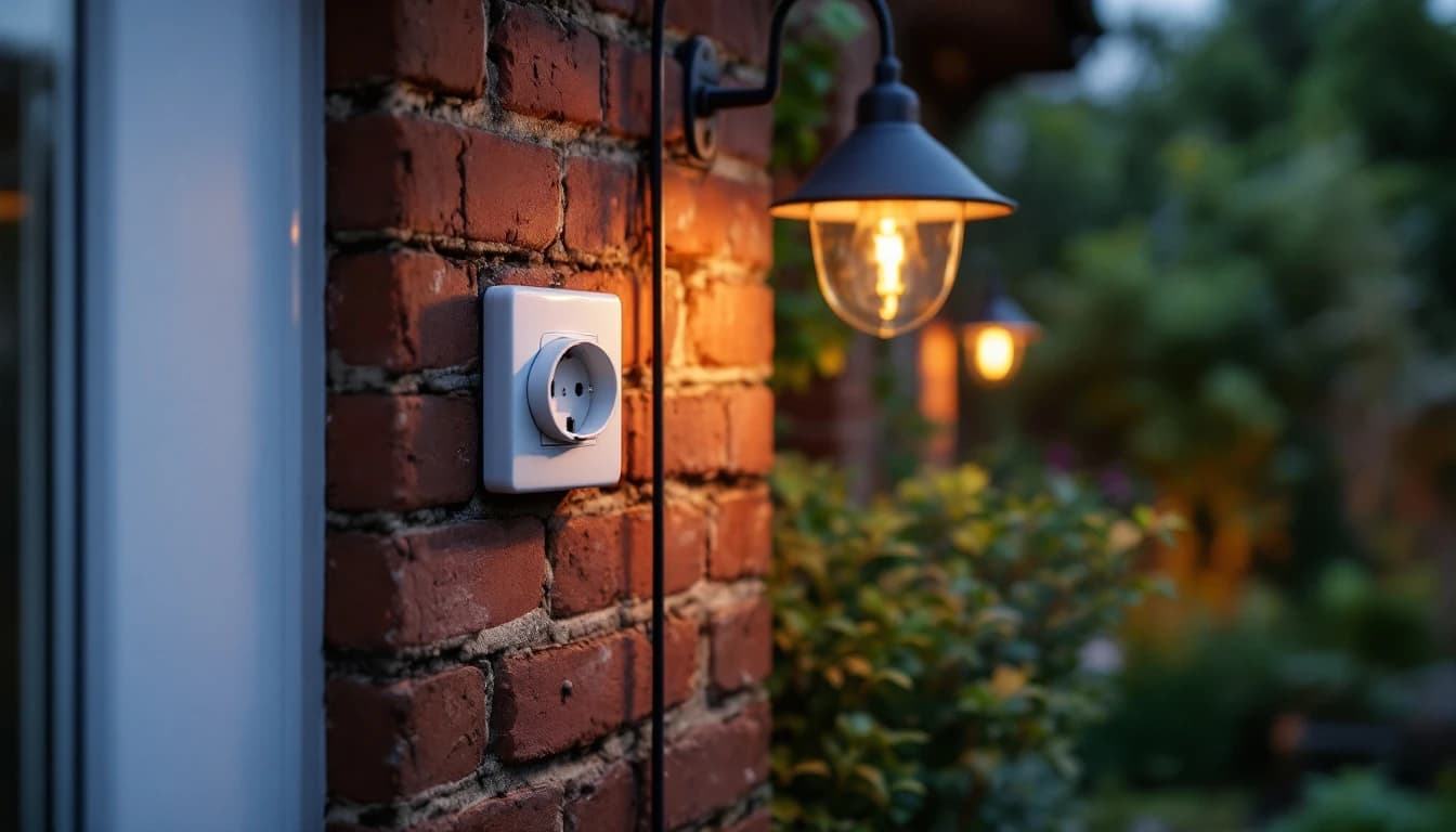 Weatherproof IP66 outdoor double socket mounted on a brick garden wall beside a patio
