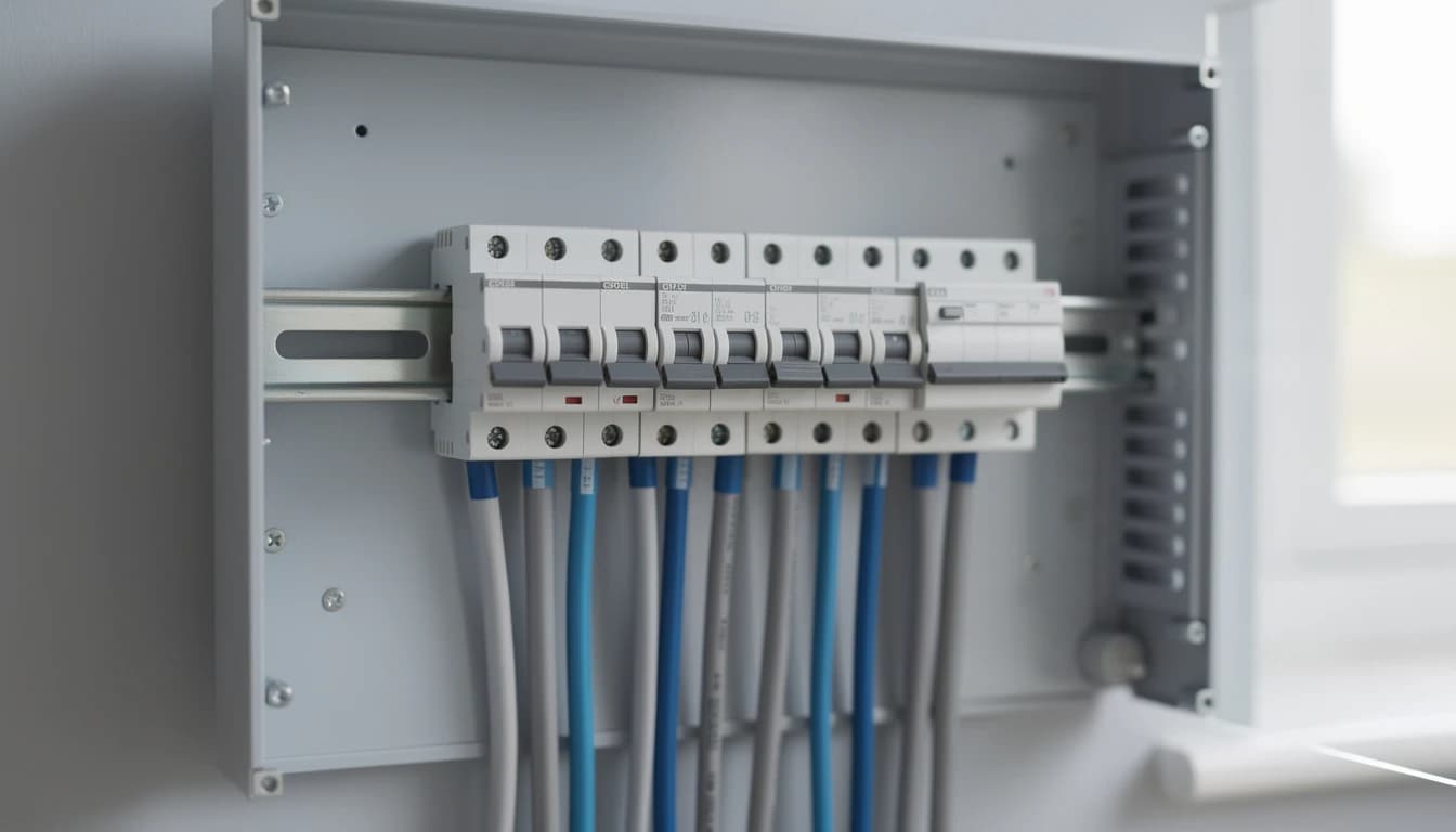 Open consumer unit showing arc fault detection devices and a surge protection device on the busbar