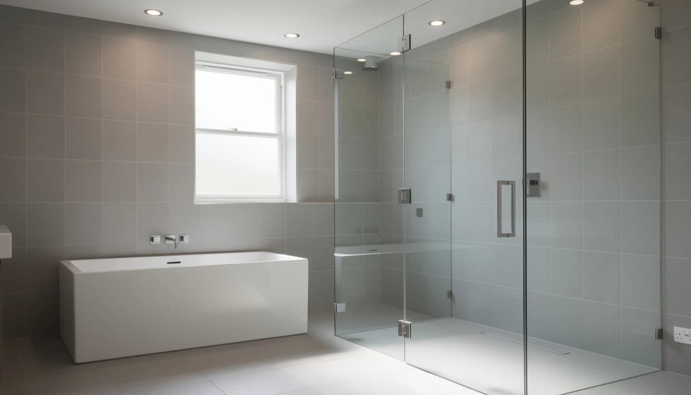 Modern London bathroom with recessed ceiling downlights above a shower enclosure