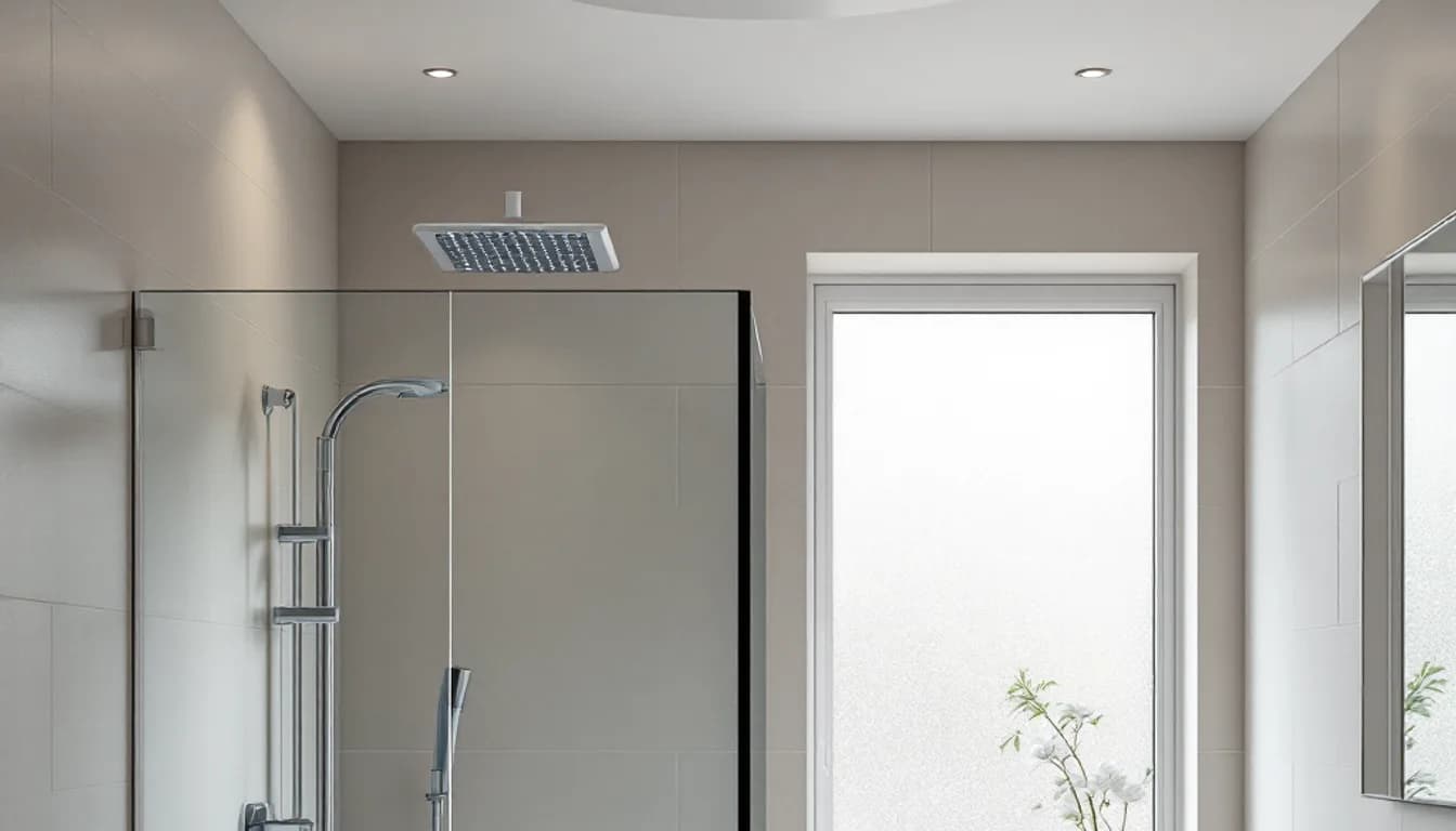 Modern UK bathroom with a white ceiling extractor fan and recessed LED downlights above a shower