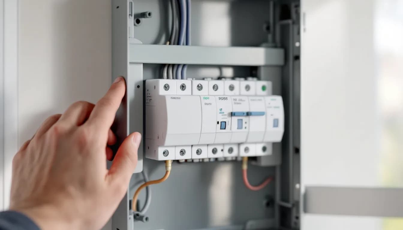A modern metal British consumer unit open on a wall with a neat row of white circuit breakers and RCBOs