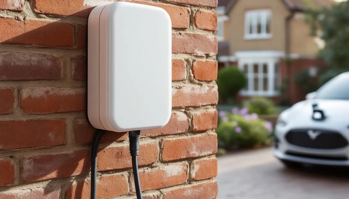 A modern white home EV charger mounted on a British house wall with an electric car plugged in on the driveway in daylight