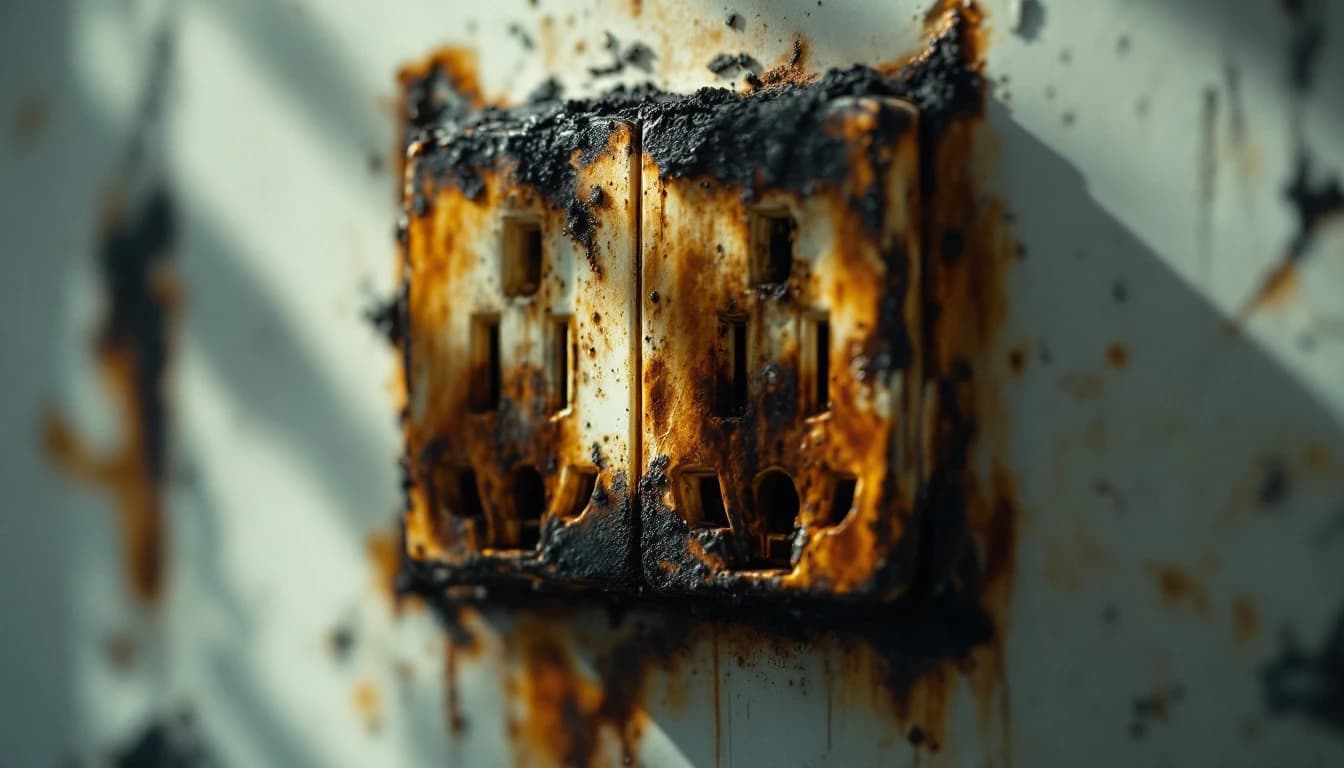 Close-up of a scorched UK plug socket with a burning smell, the kind of electrical fault Capital Electrician repairs across London