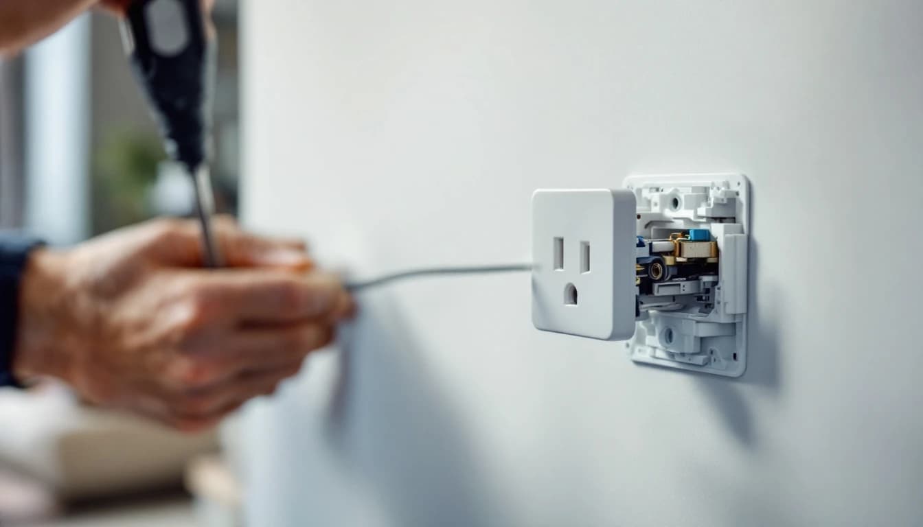London electrician fitting a new double plug socket into a wall in a home