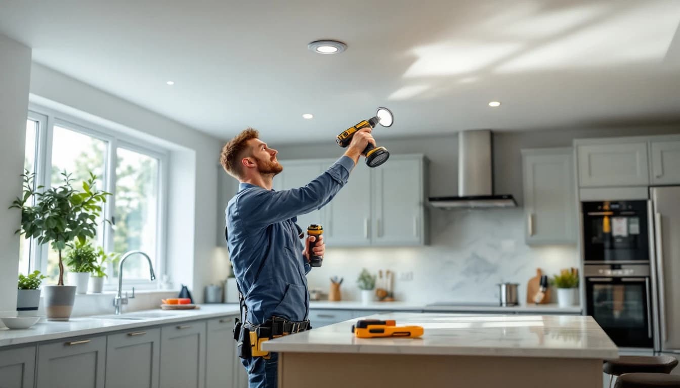 Recessed LED downlights fitted into a kitchen ceiling in a London home by NICEIC registered electricians