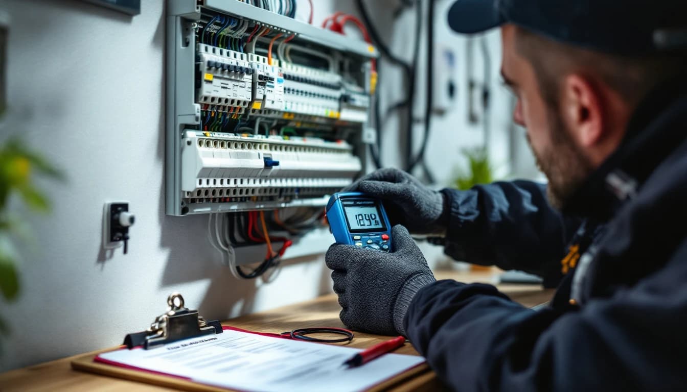 London electrician carrying out an EICR electrical safety inspection on a consumer unit before a house sale
