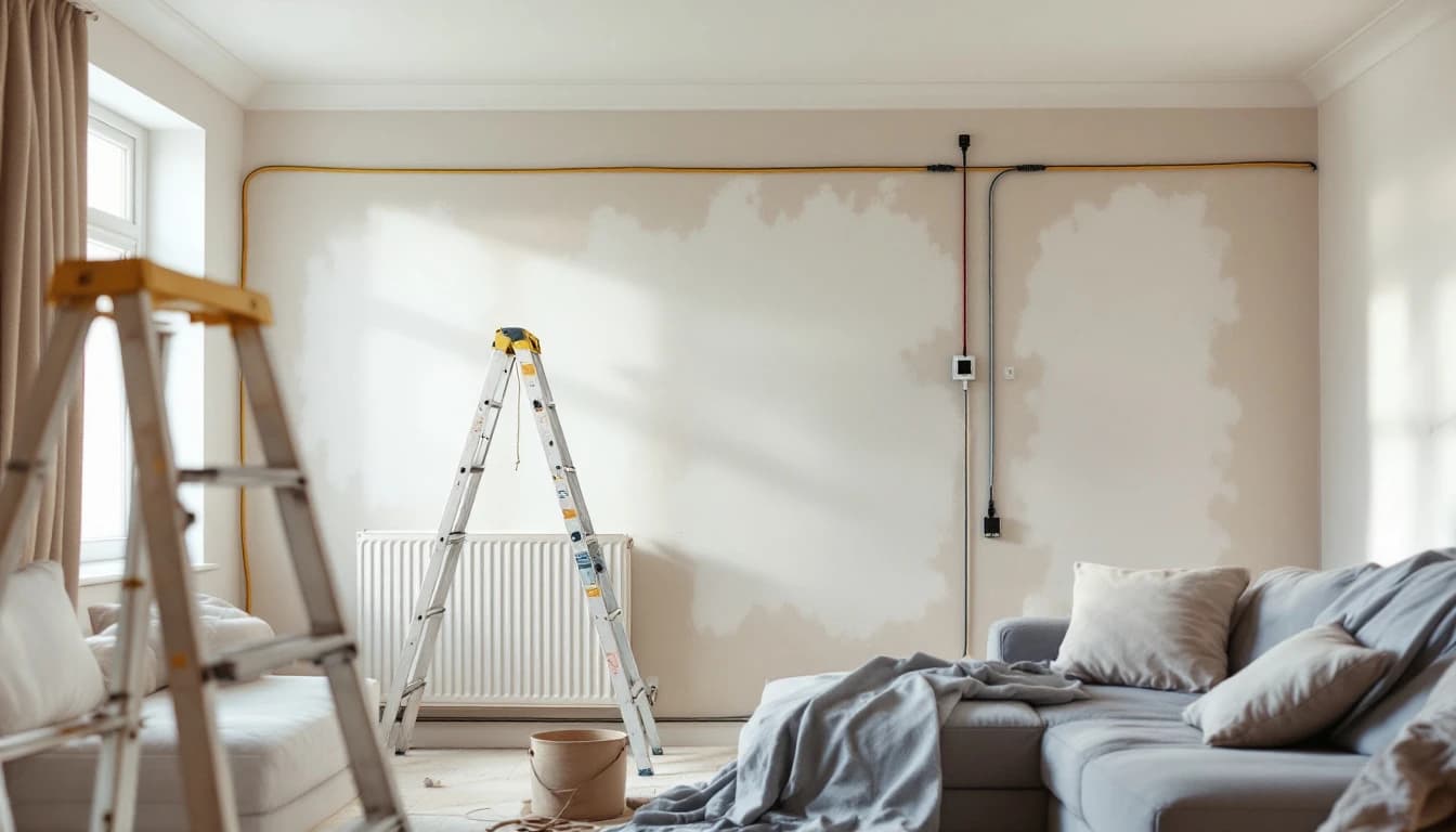 Electrician running new cables during a house rewire with floorboards lifted in a London home