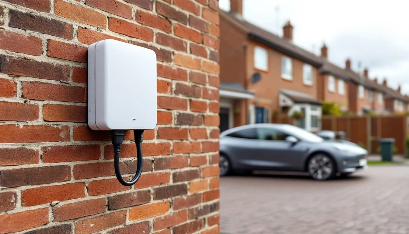 A wall-mounted home EV charger next to a car on a London off-street driveway