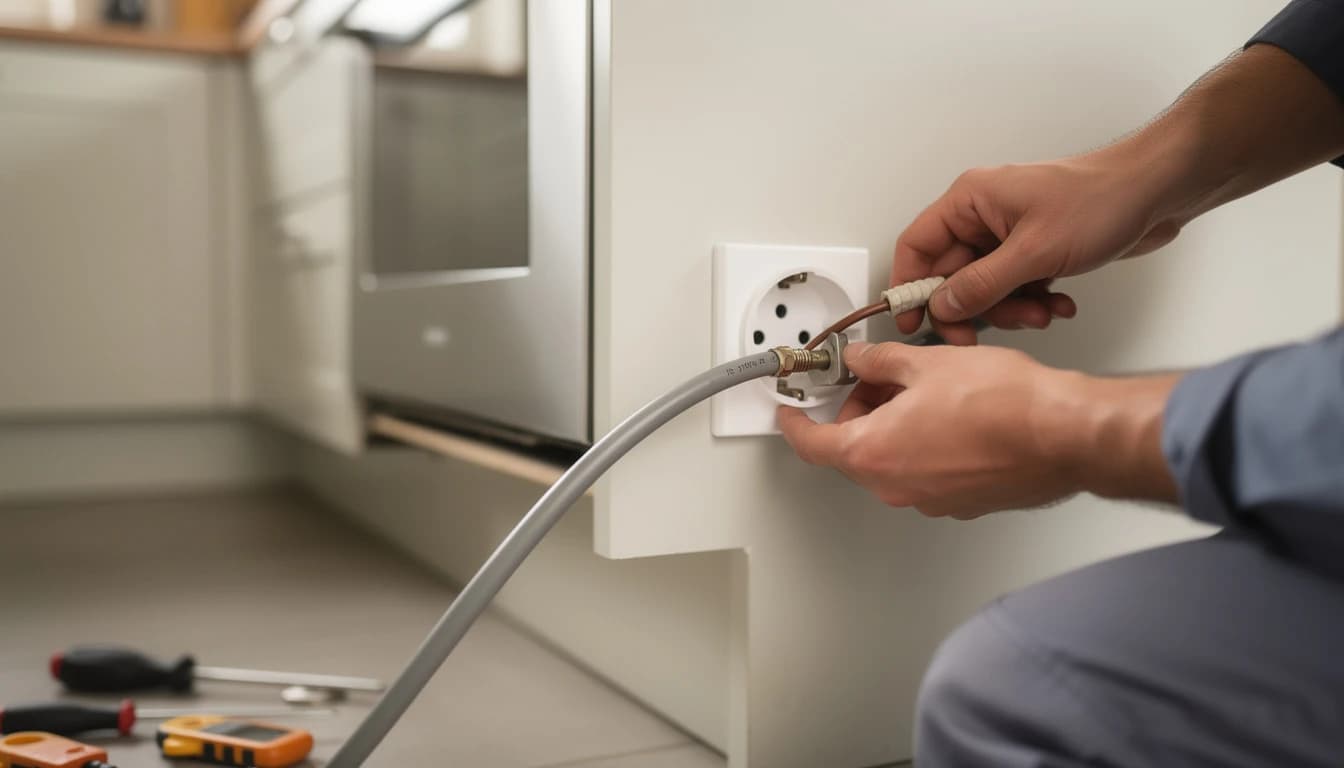Electrician wiring a cooker connection unit behind a fitted kitchen oven