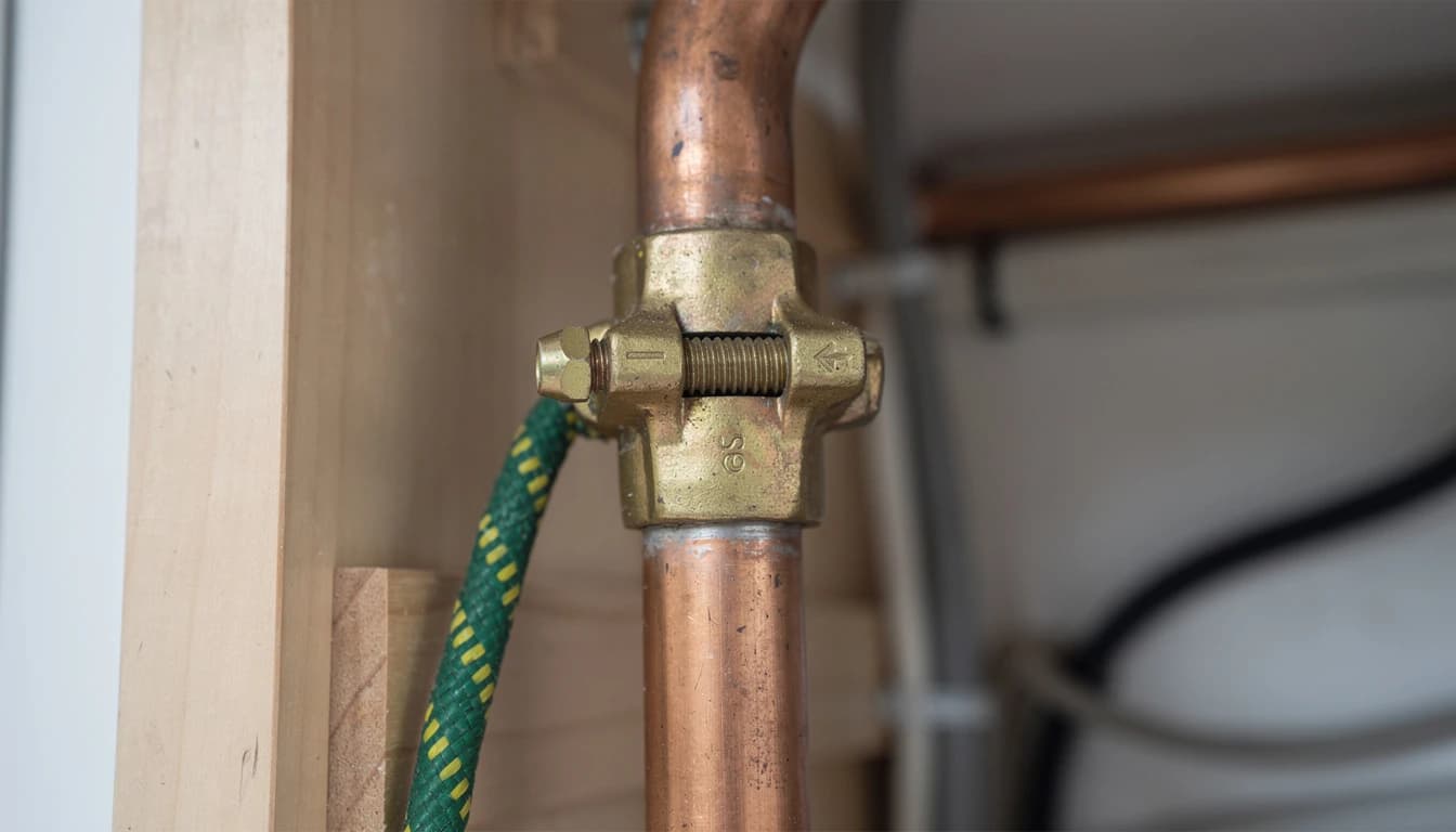 Green and yellow main protective bonding conductor clamped to a copper water pipe near a stopcock