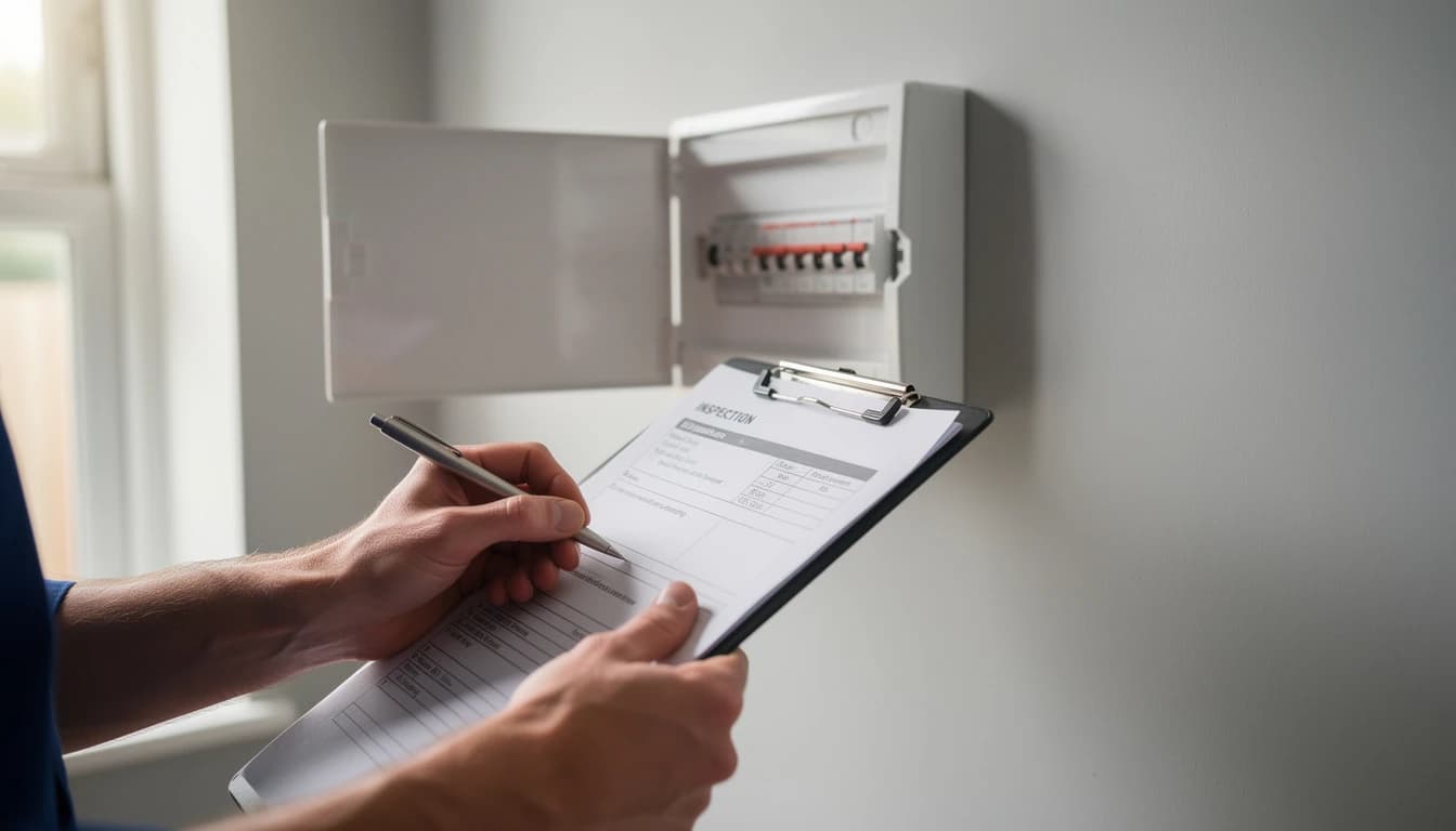 Electrician filling in an electrical installation condition report next to an open consumer unit