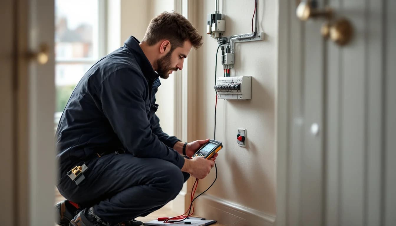 Electrician testing a consumer unit during an EICR in a London home