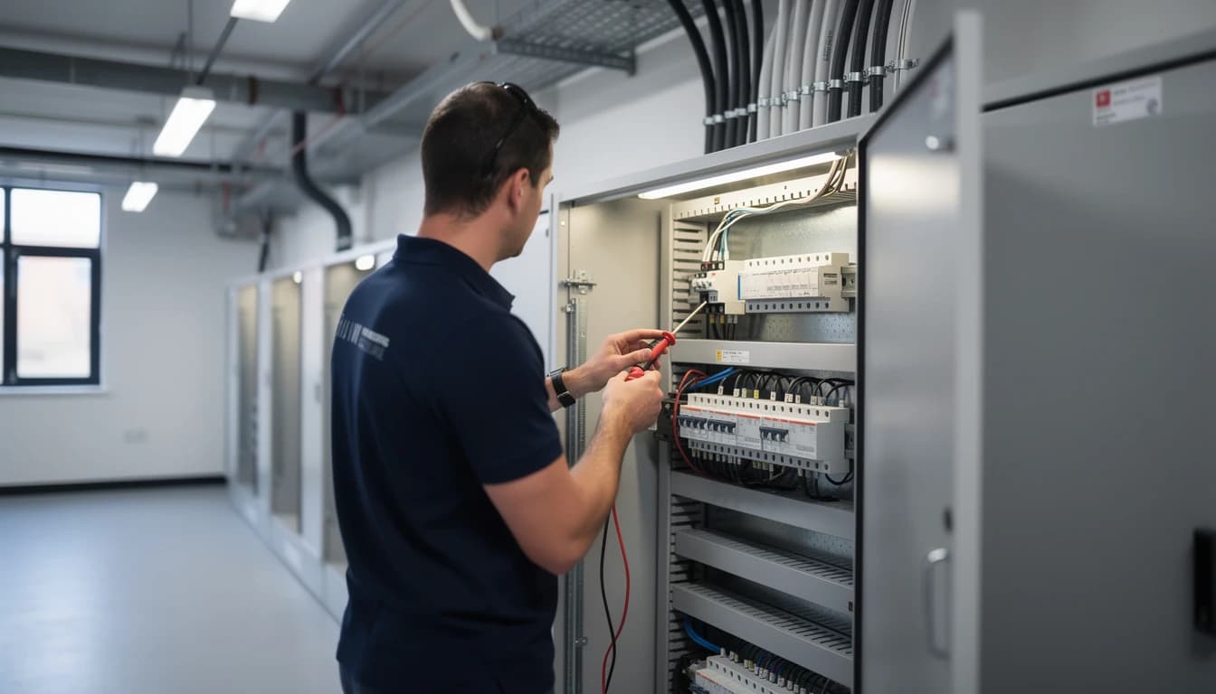 Electrician testing a three phase distribution board in a commercial plant room