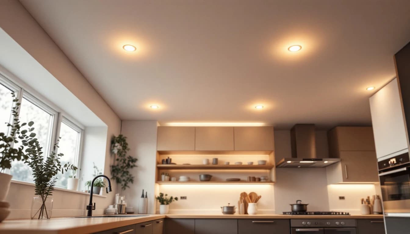 Recessed LED downlights installed in an even grid across a London kitchen ceiling