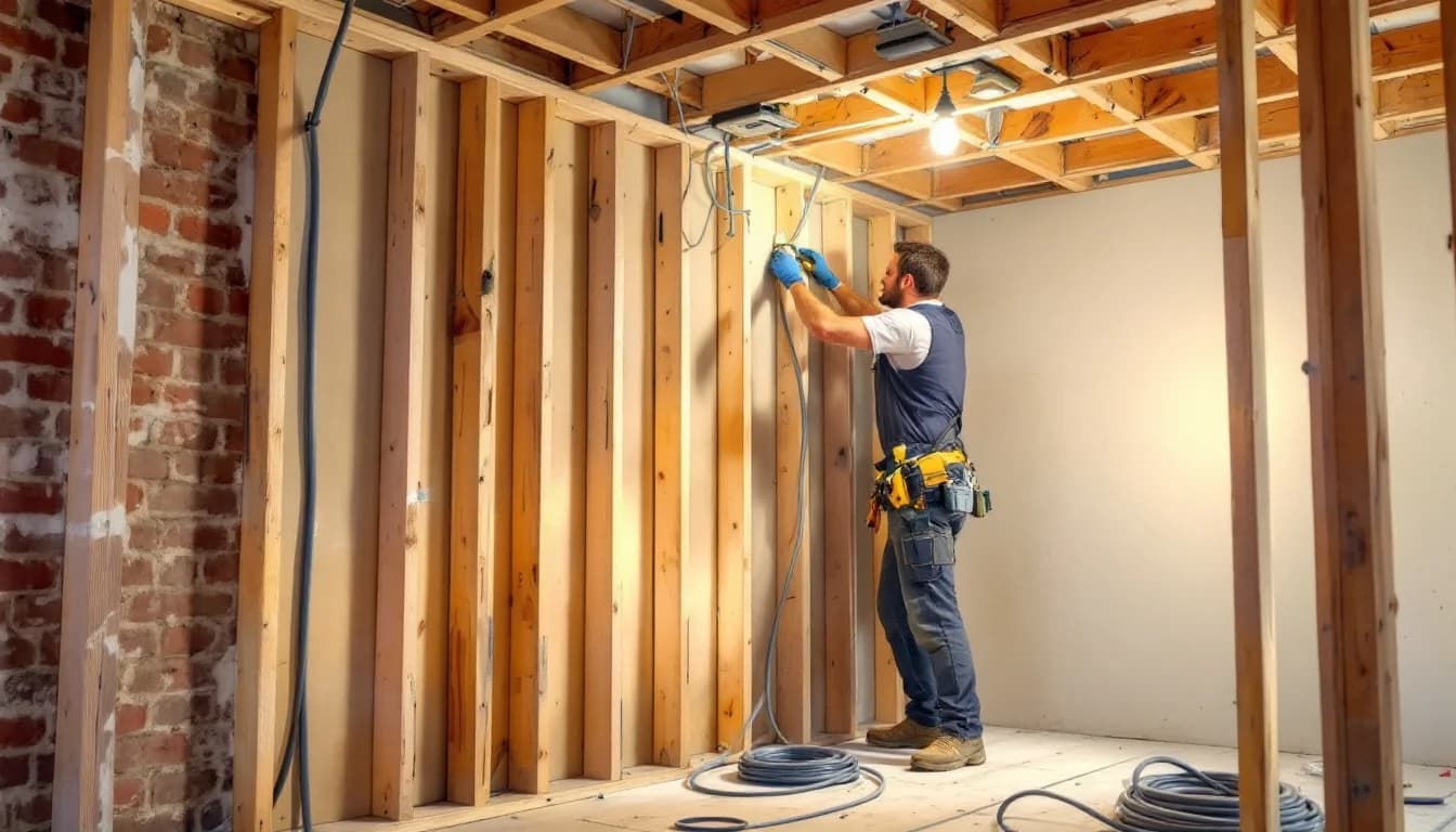 Electrician running new cables during a house rewire in London