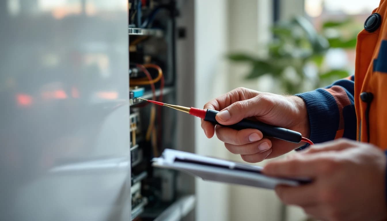 London electrician testing a consumer unit during an EICR inspection with a multifunction tester