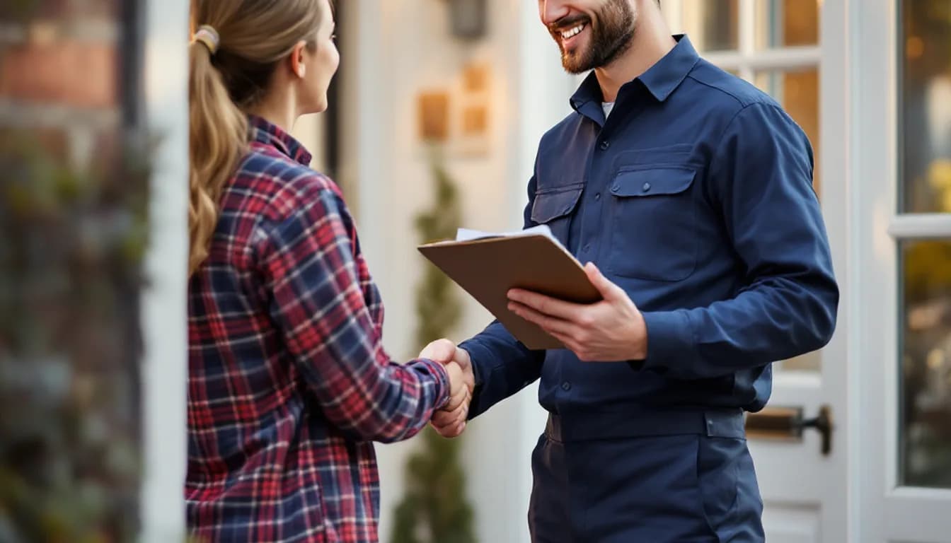 A professional London electrician in workwear shaking hands with a homeowner at a front door while holding a clipboard with an electrical certificate