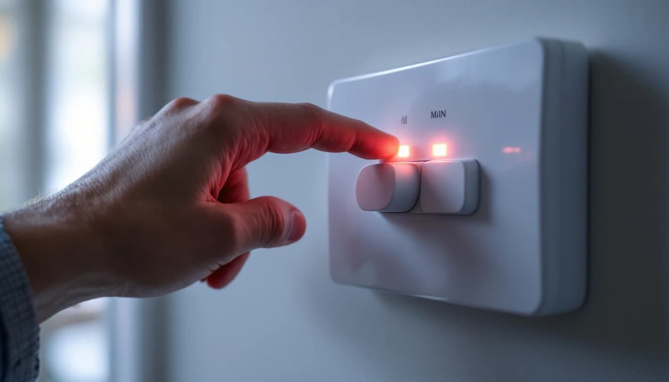 Close-up of a hand resetting a tripped switch on a modern London home consumer unit