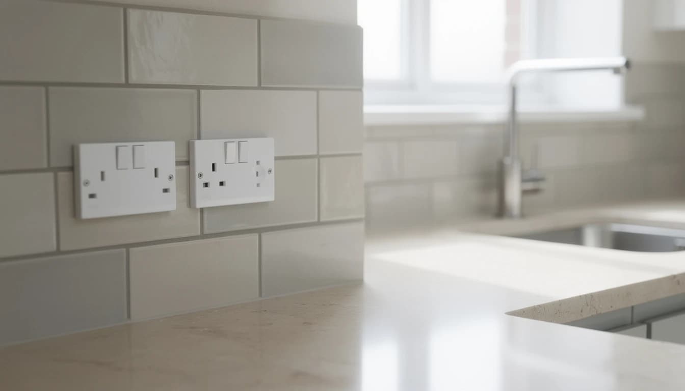 Row of double sockets above a kitchen worktop next to a sink and mixer tap