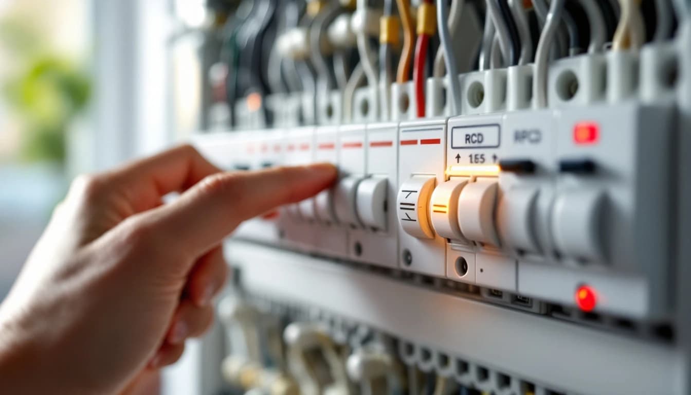 Open domestic consumer unit showing a main switch, a row of MCBs and RCBOs with small test buttons