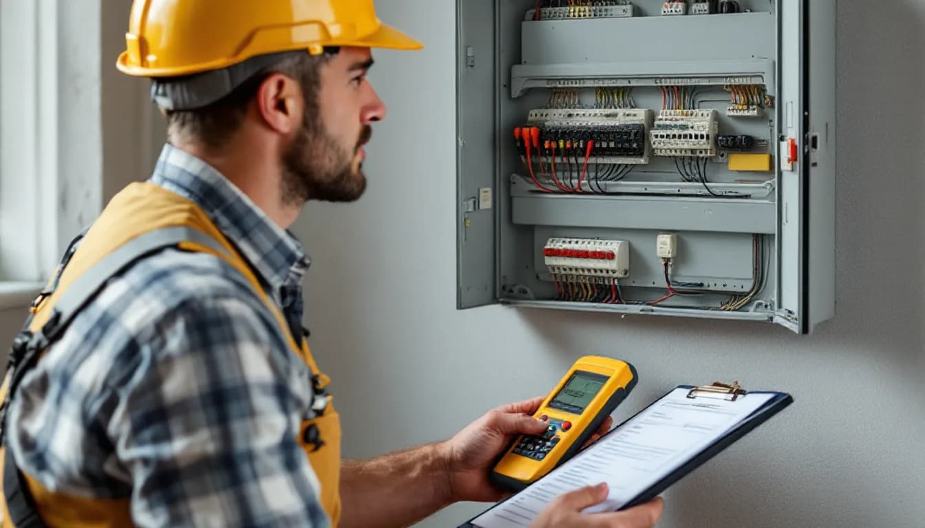 A NICEIC registered electrician testing a British consumer unit with a multifunction tester and a Part P compliance certificate on a clipboard.
