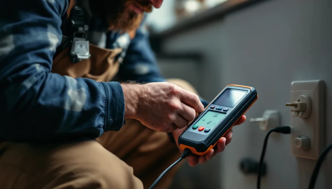 A qualified electrician using a handheld PAT tester on an appliance plug in a British office