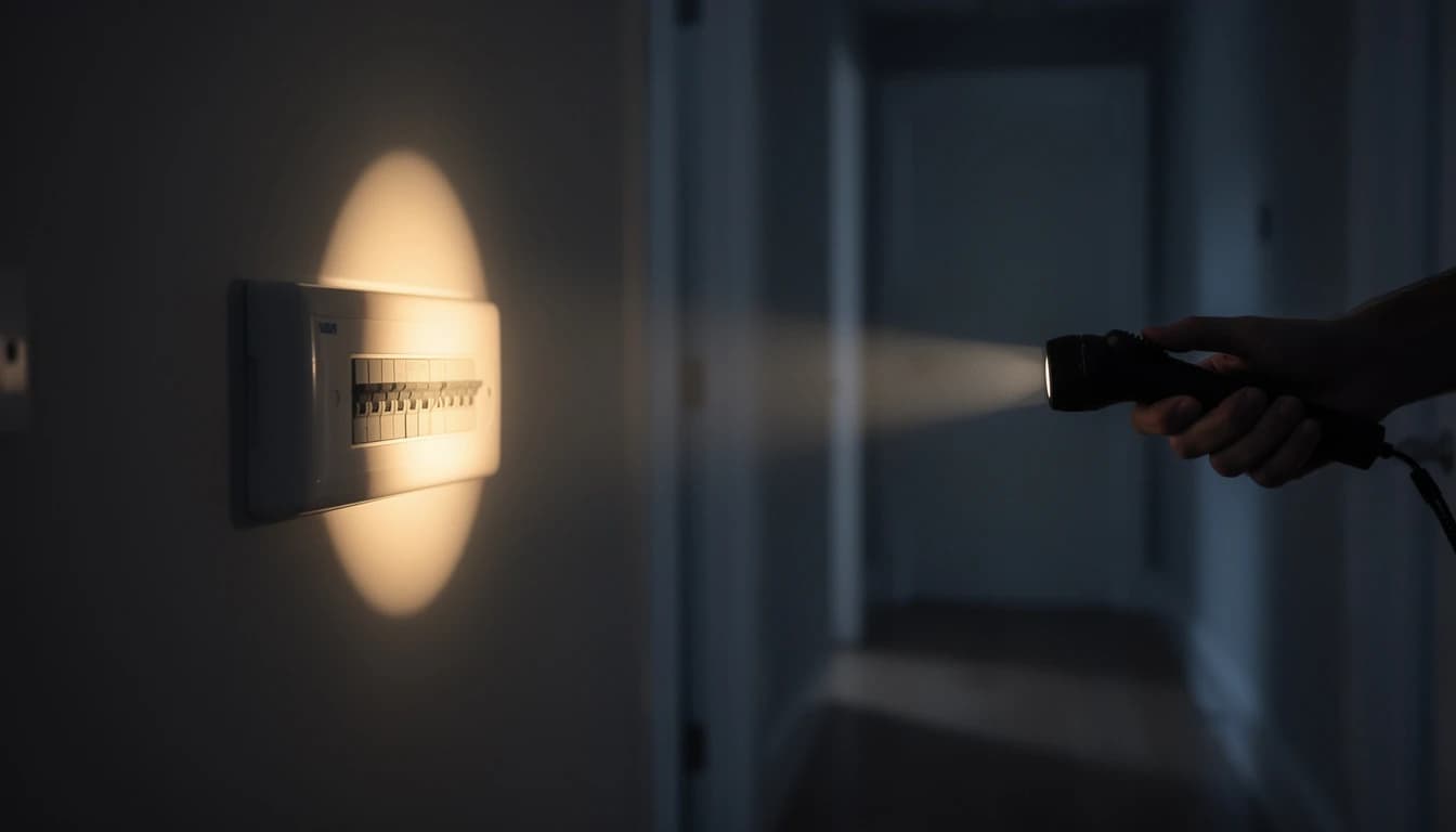 Person checking a consumer unit by torchlight during a power cut in a dark hallway