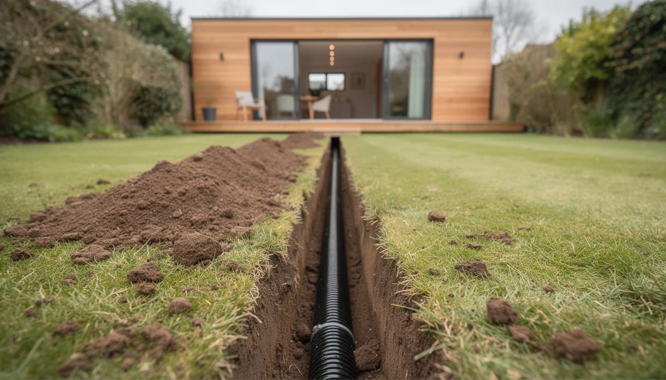 Steel wire armoured cable being laid in a garden trench running towards a timber garden office
