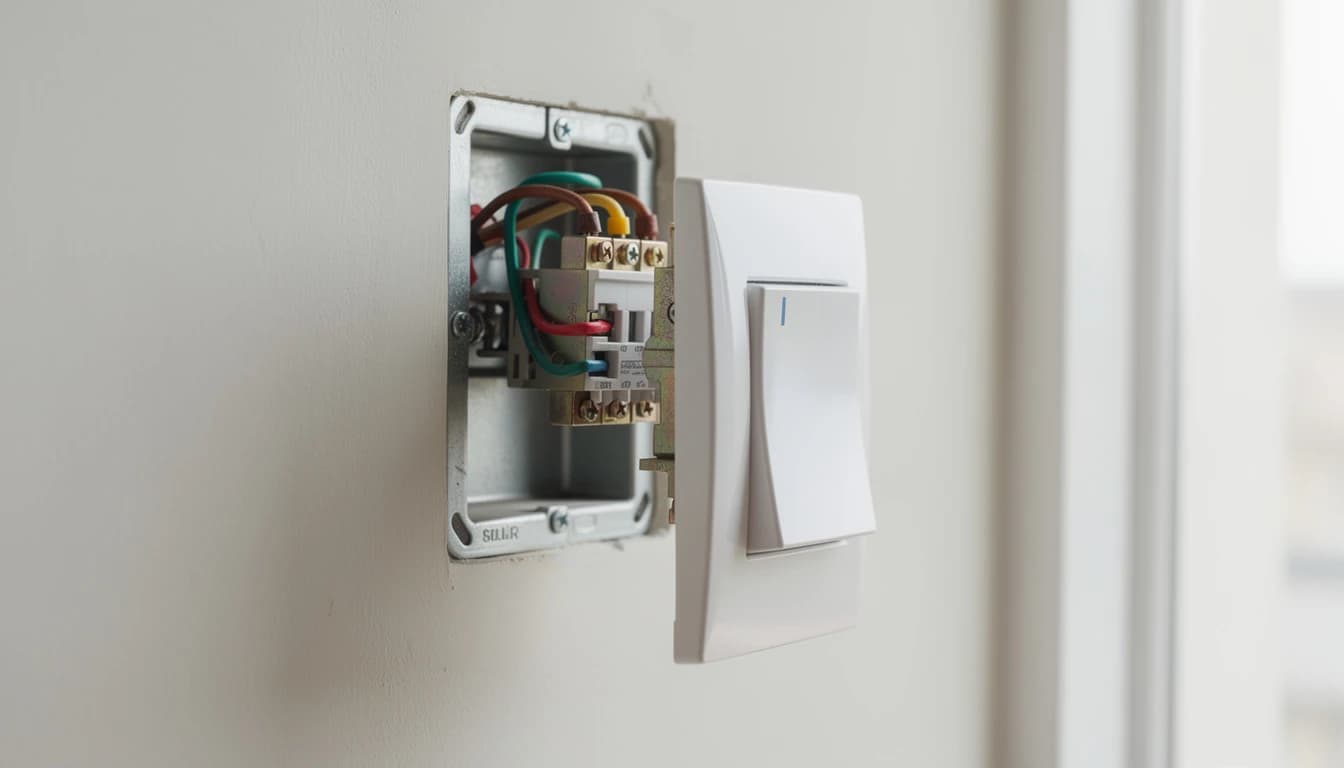 Light switch removed from the wall showing the wiring in the back box behind it