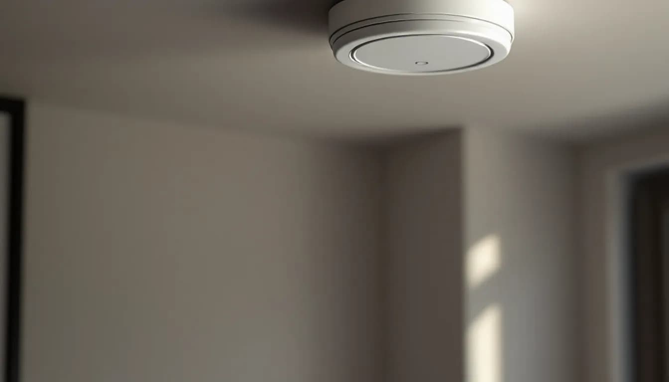 A mains-wired white smoke alarm fitted to a ceiling in a UK home with soft natural daylight