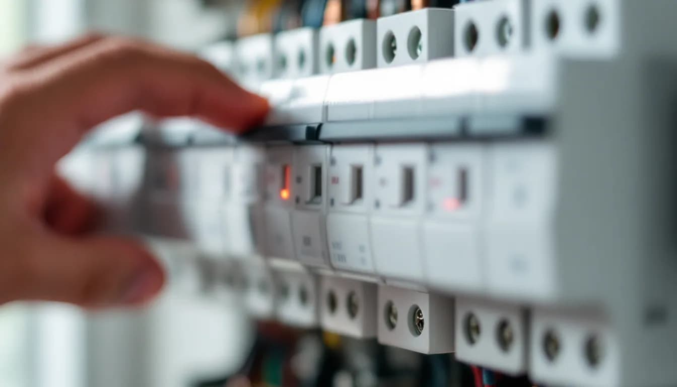 Close-up of a modern British consumer unit with a row of RCDs and circuit breakers, an electrician's hand resting on a switch