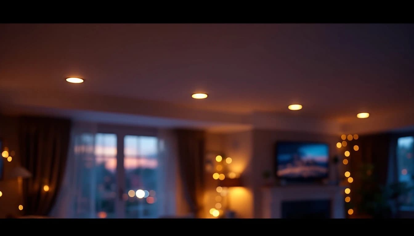 Close-up of white LED downlights fitted into a modern London kitchen ceiling
