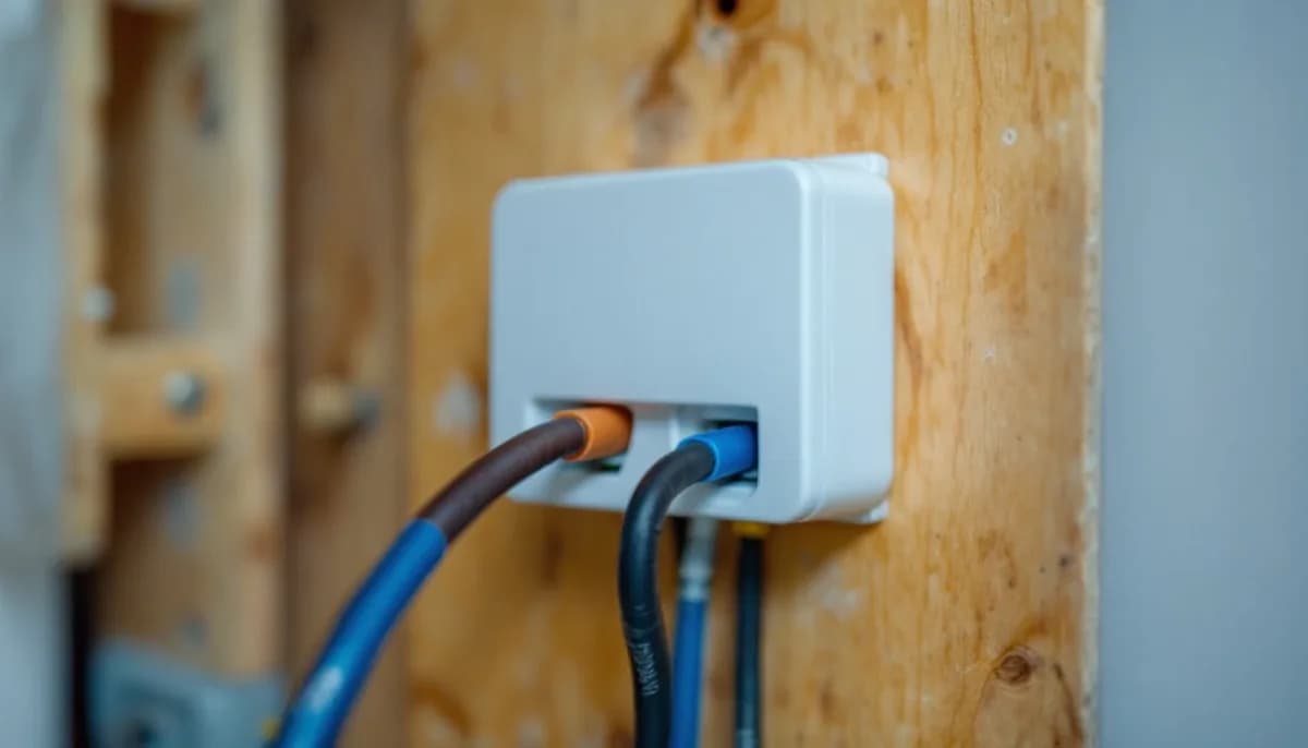 Brown and blue meter tail cables entering a white enclosure on a plywood board in a meter cupboard