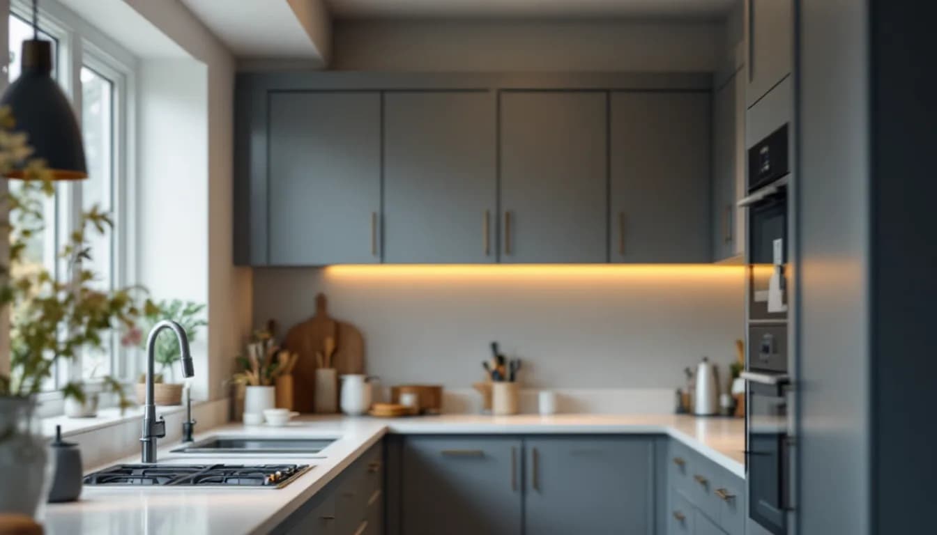 Modern UK kitchen ceiling with neat recessed LED downlights casting warm even light across worktops