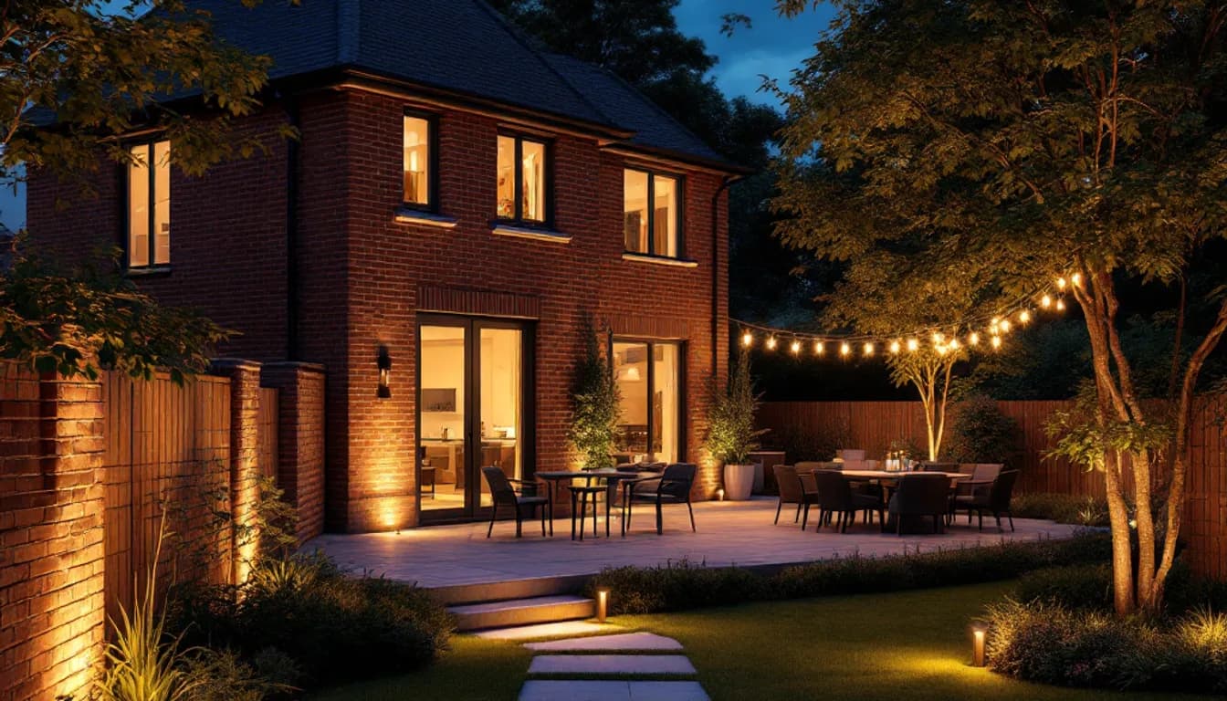 A British garden lit at dusk with warm outdoor wall lights, staggered path bollards and uplit trees beside a modern house exterior
