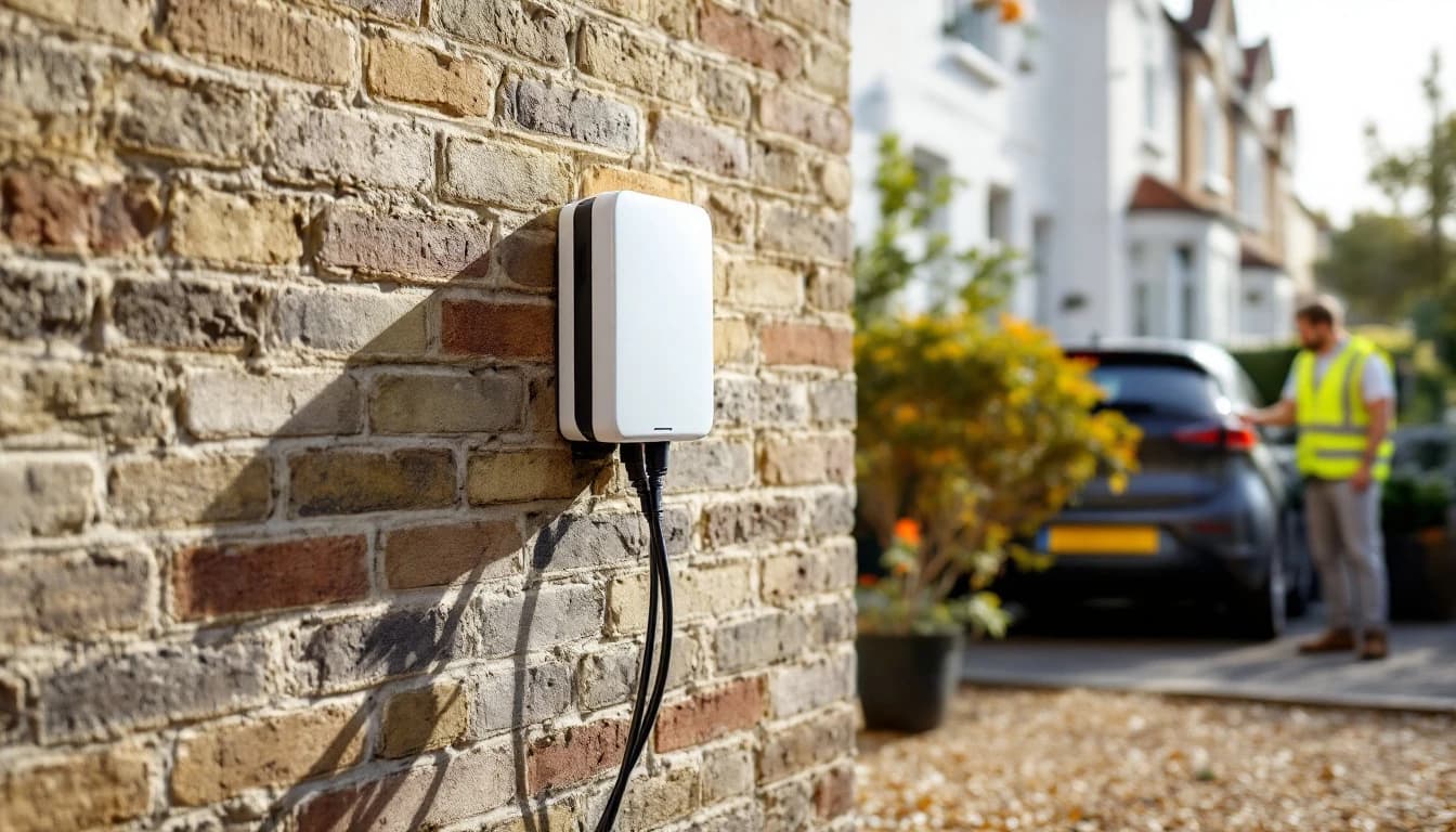 Wall-mounted home EV charger fitted beside an electric car on a London driveway by NICEIC registered electricians