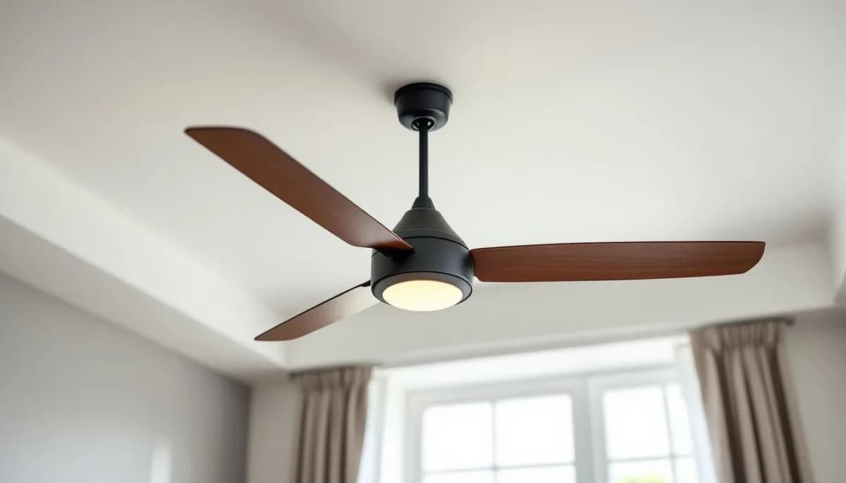 Matte black ceiling fan with wooden blades and an integrated light in a bright bedroom