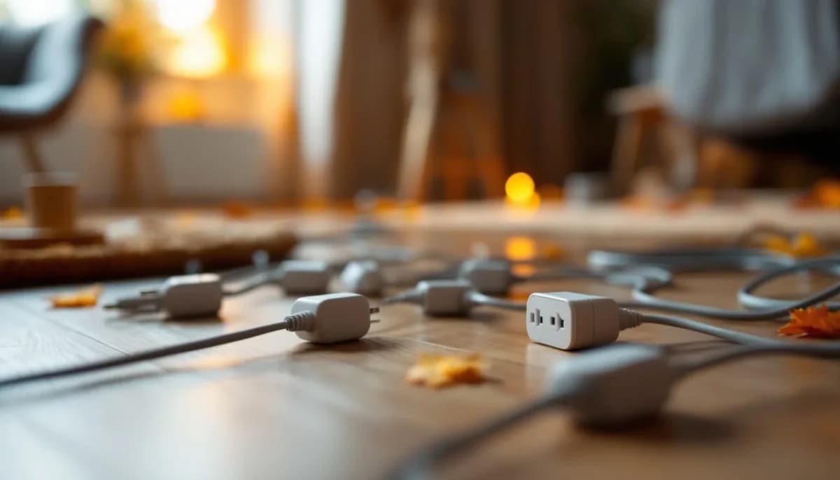 Several plugs and cables on an extension lead across a wooden living room floor in autumn