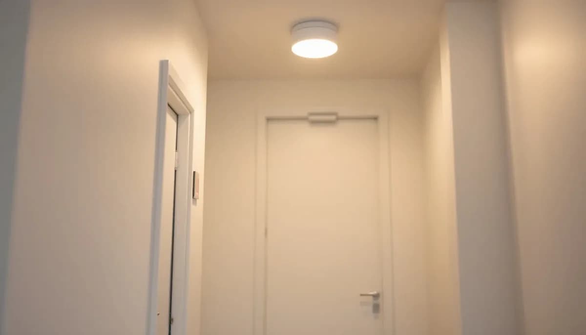 Clean shared house hallway with a ceiling fitting and a white fire door