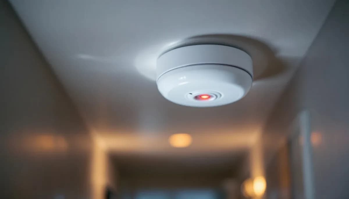 White mains-wired smoke alarm with a small red LED glowing on a hallway ceiling
