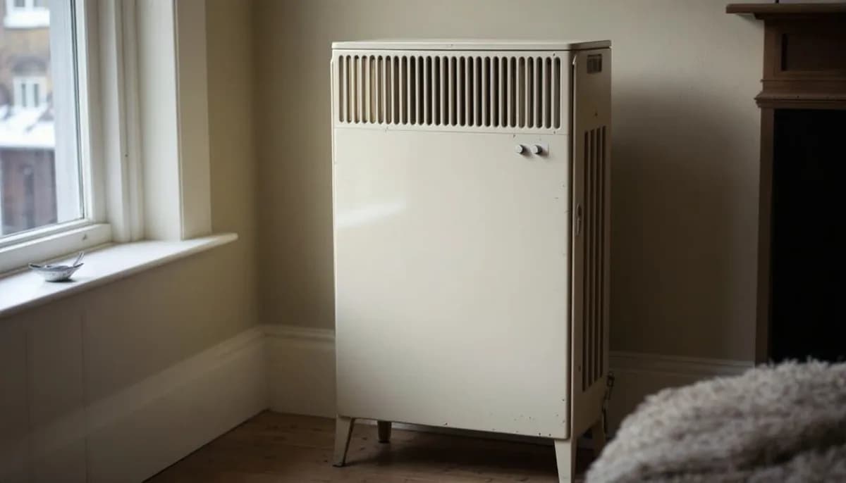 Cream night storage heater with a top grille under a sash window in a London flat