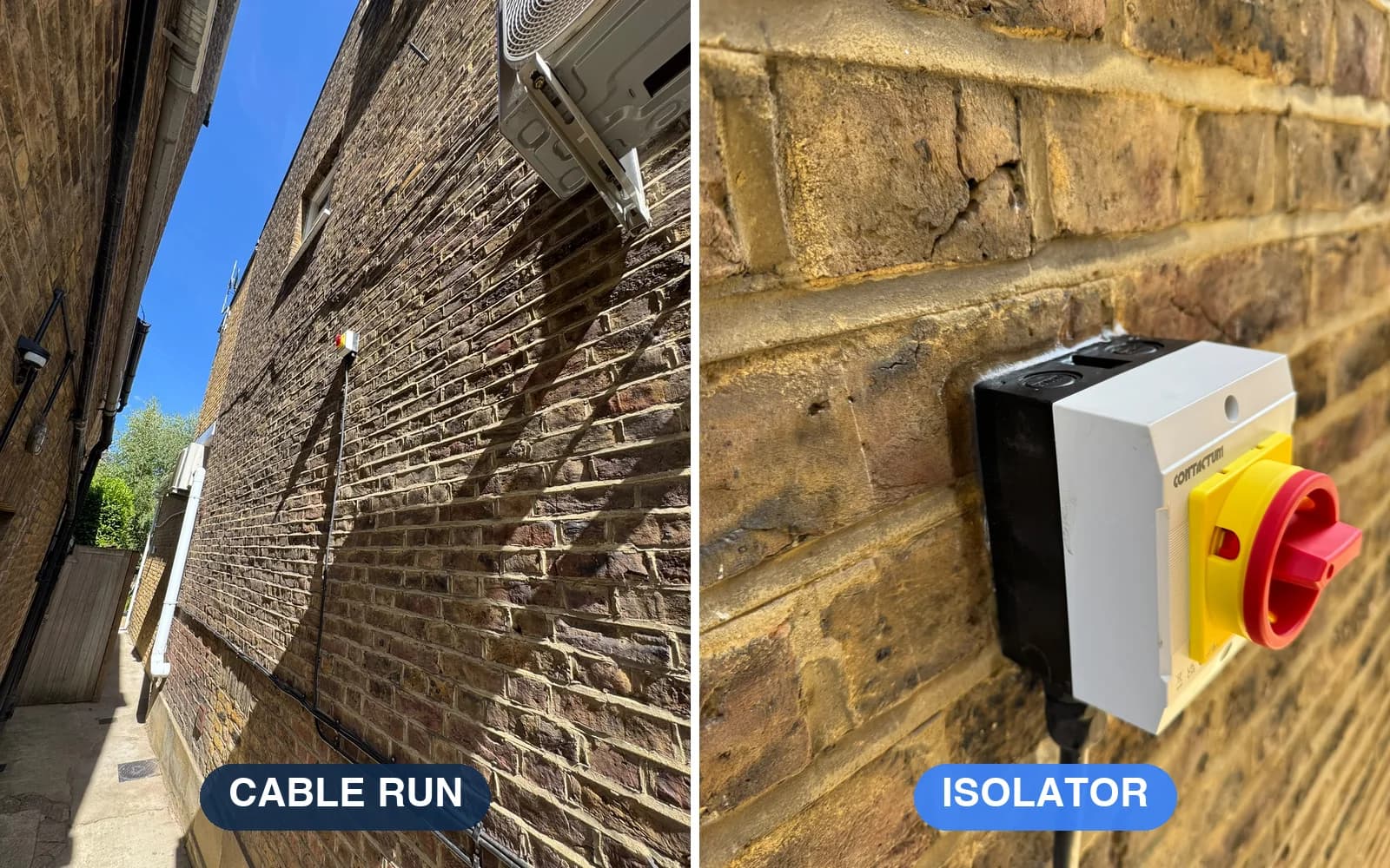Air con cable run up an external brick wall to the outdoor unit, and a red and yellow rotary isolator