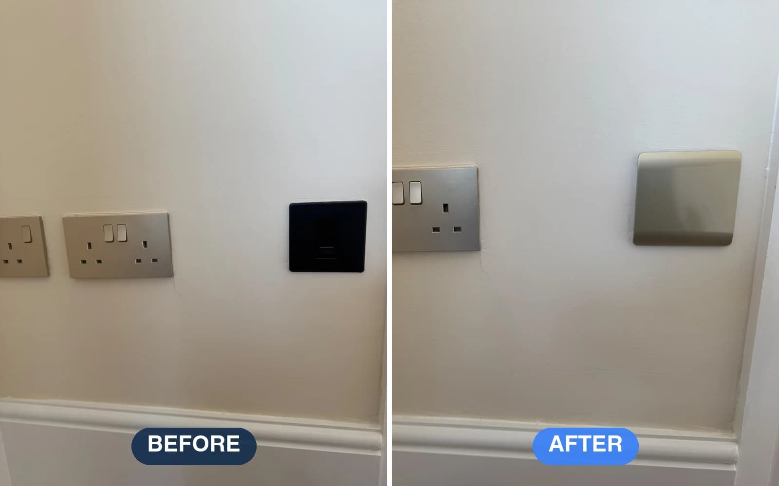Before and after: a black wall plate replaced with a brushed metal plate beside matching sockets