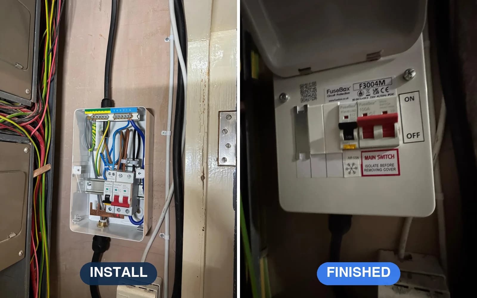 Install and finished shots of a new FuseBox consumer unit with an air con circuit