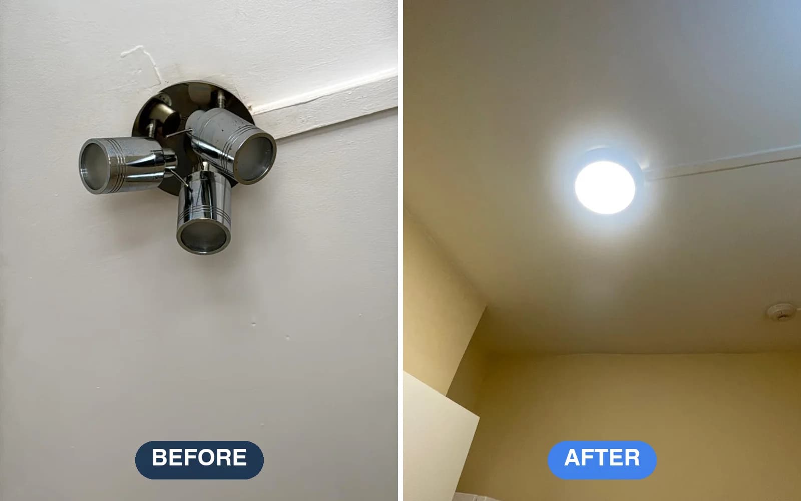 Before and after: a chrome three-spot fitting replaced with a flush LED ceiling light