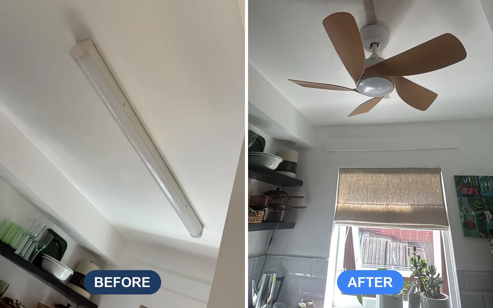 Before and after: a long strip light on a kitchen ceiling replaced with a five-blade ceiling fan with an LED light