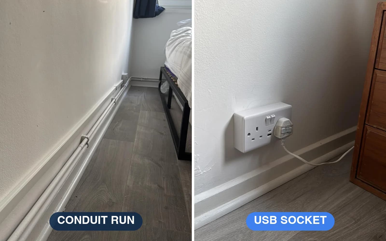 White conduit run along a bedroom skirting, and a new double socket with USB charging ports